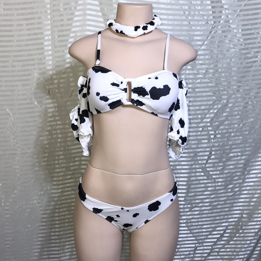 Cow Print Bikini Matching Scrunchy Poof Sleeves